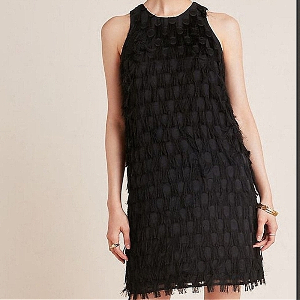 by Anthropologie-"Roxie" Black Textured Fringe Shift Dress-Size 0